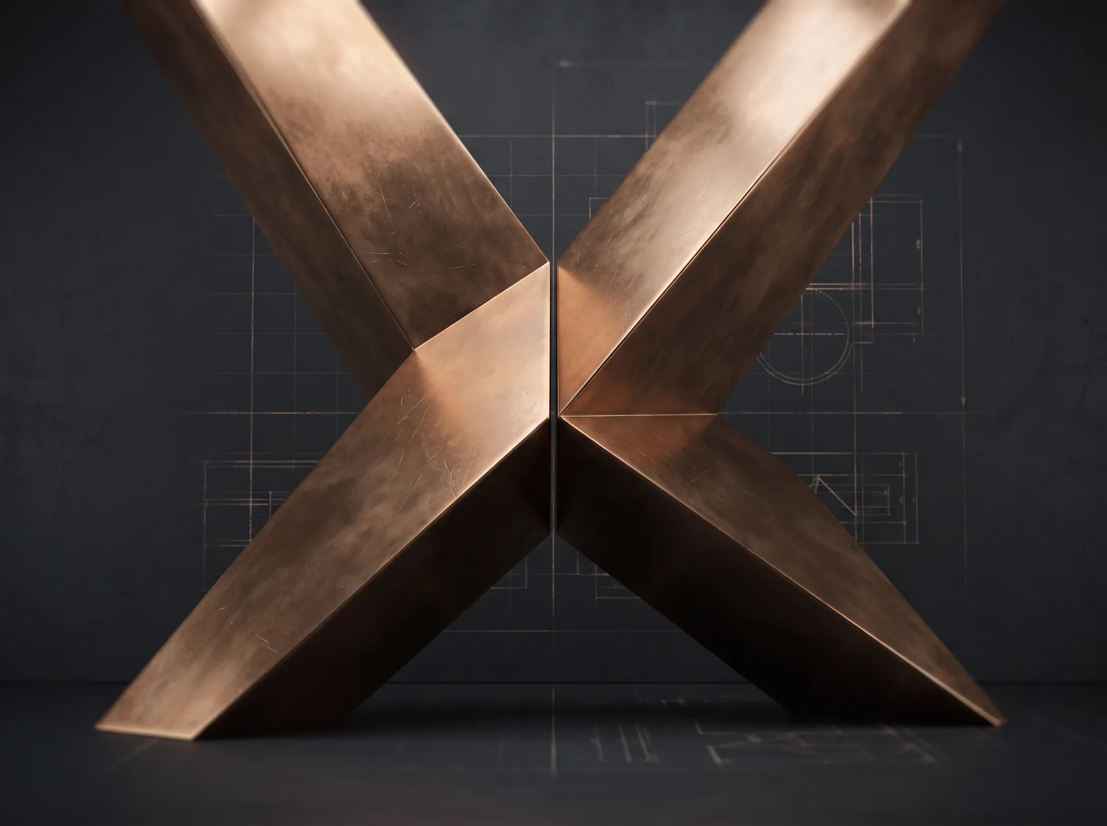 Composición abstracta de dos estructuras metálicas en bronce que convergen, representando la unión entre el derecho y el análisis social.